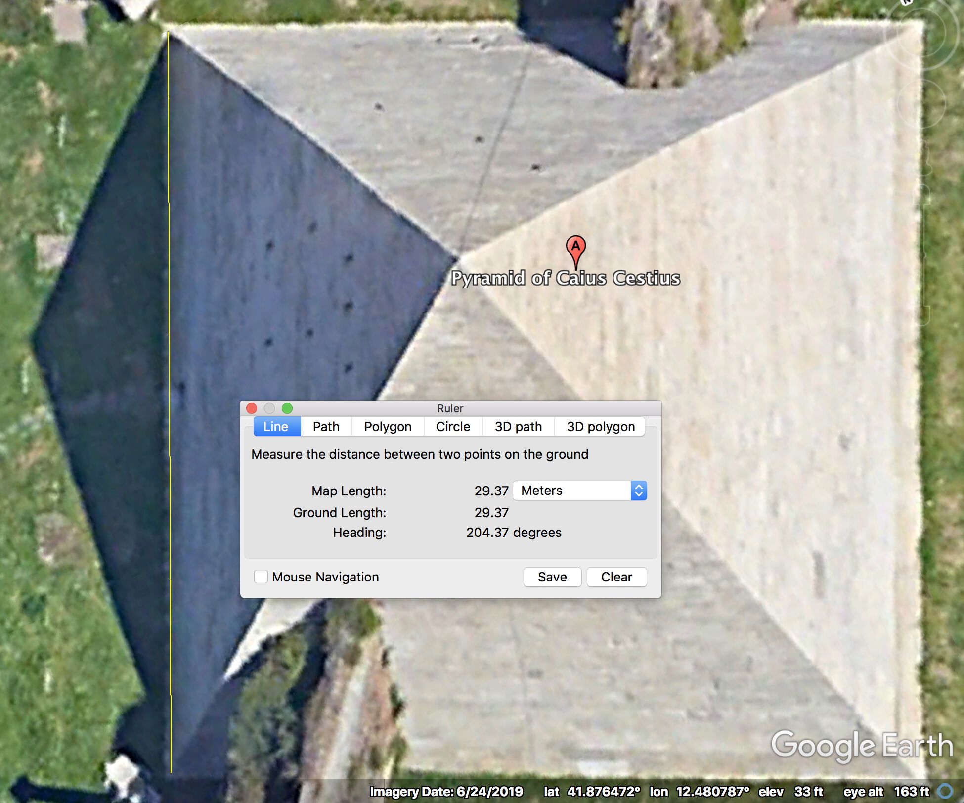 Northwestern side of the pyramid (at left) measured with Google Earth